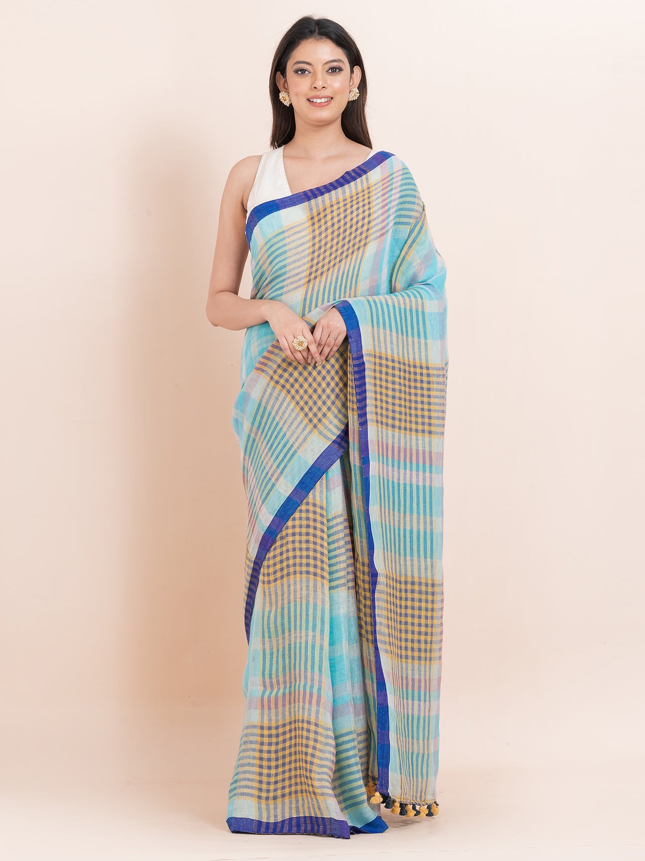 Cerulean Bliss - Pure Linen Striped Saree  || Navy