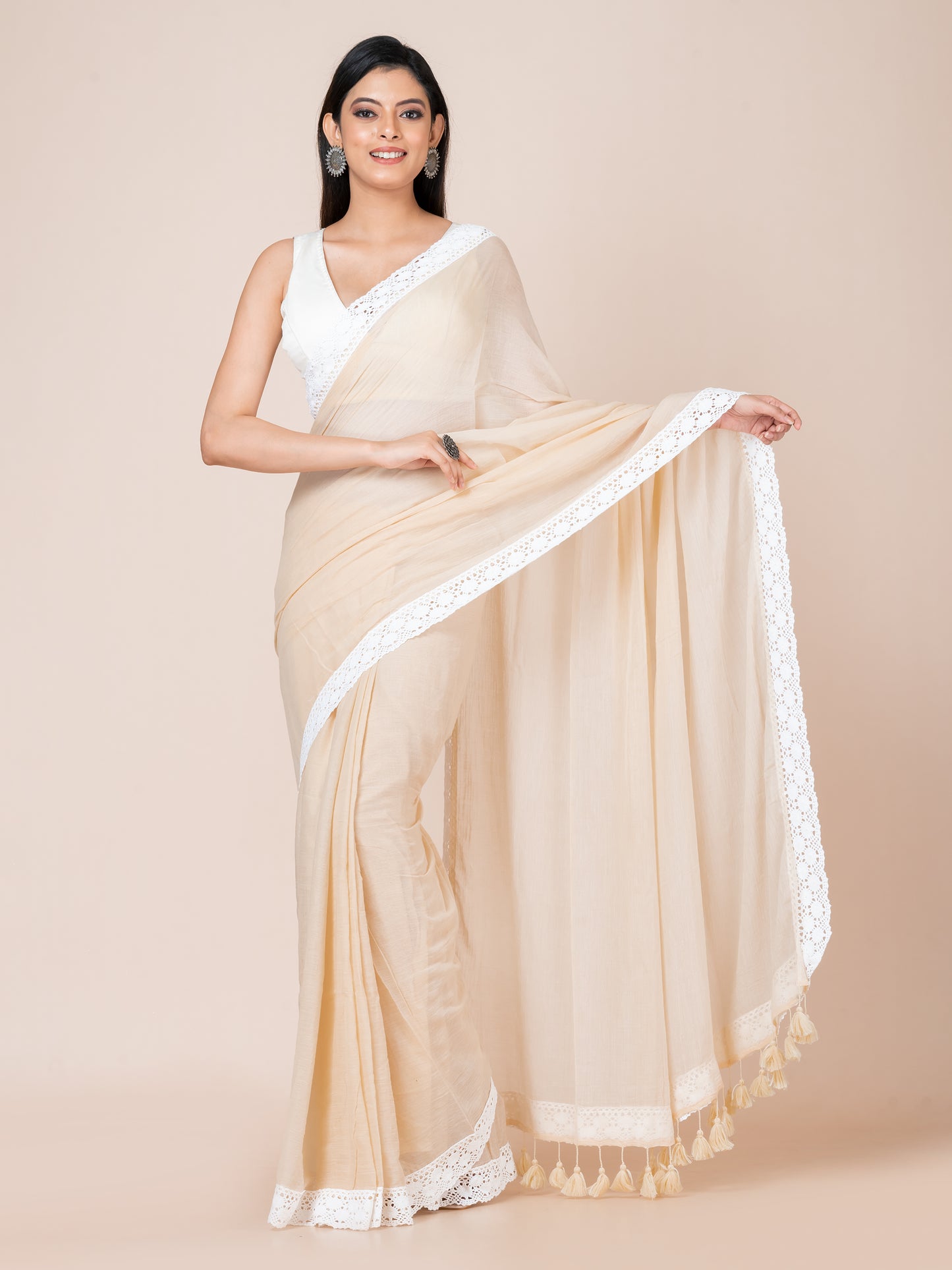 Latte Luxe - Pure cotton solid saree with lace border || Beige