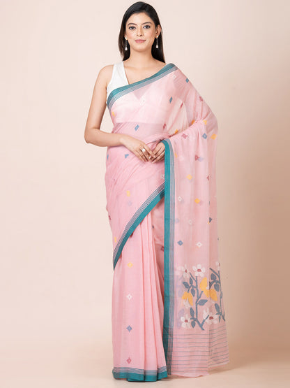 Rubi Mist - Pure Cotton Saree With Jamdani Motifs || Pink