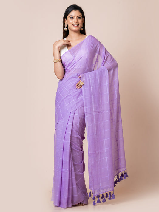 Dusky Blue - Pure Cotton Checkered Saree || Dusty Blue