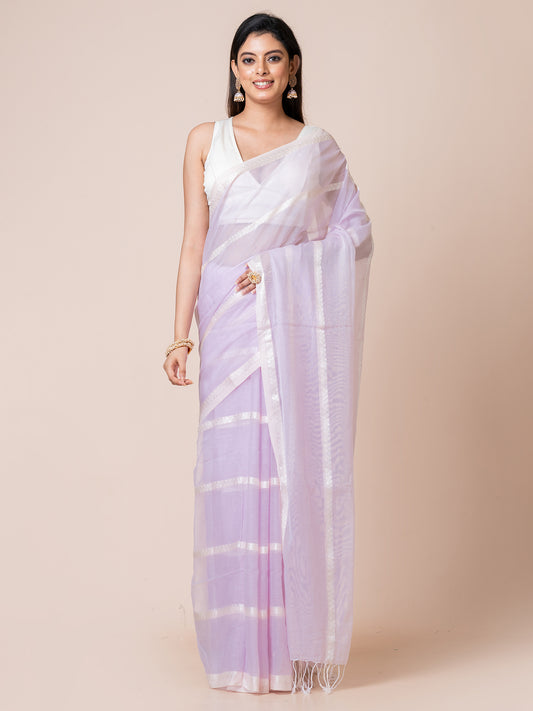 Lavender - Pure Cotton Saree With Zari Stripes || Lavender