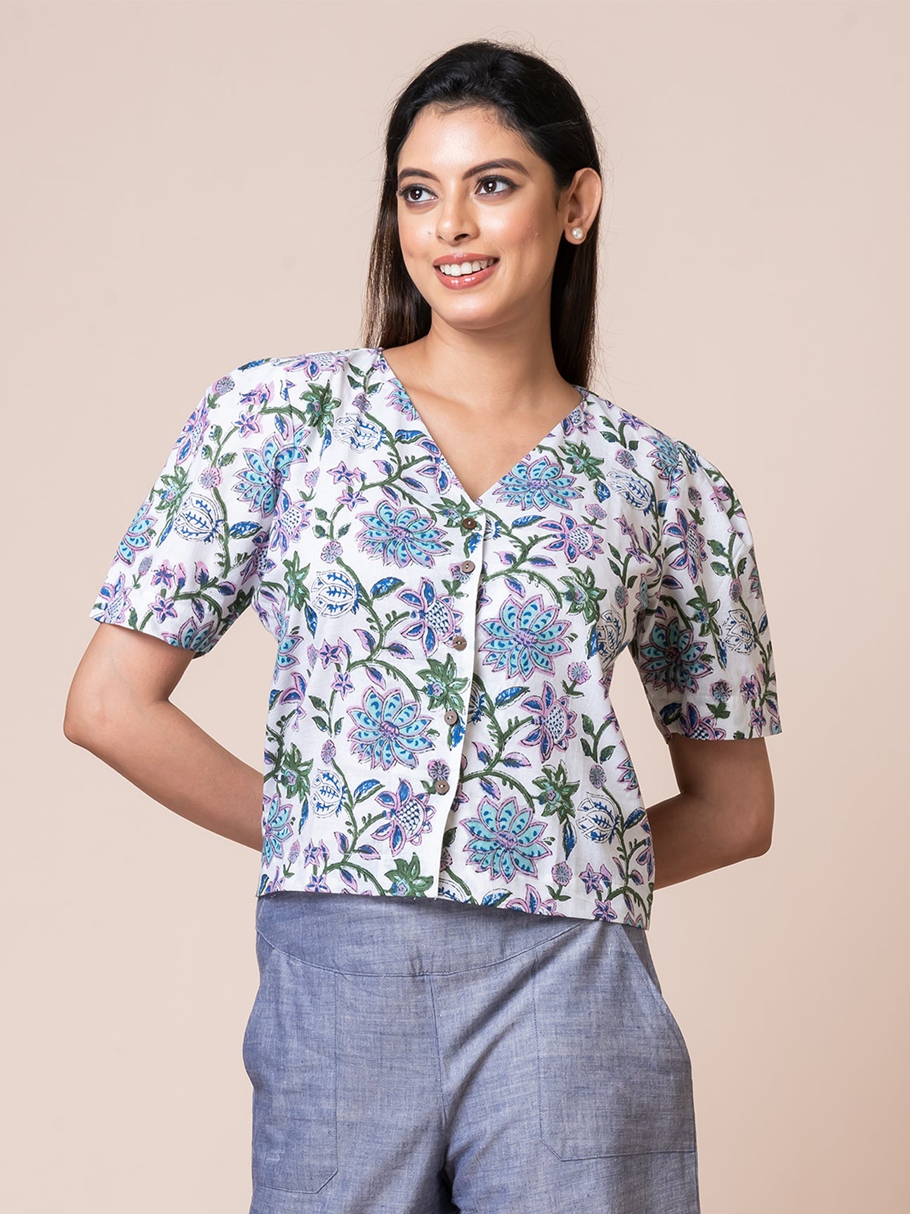 Bluestar - OCAU Basic Self Designed Block Printed Cotton Button Down Top