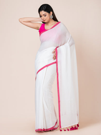 Daisy - Pure cotton solid saree with contrast border and contrast tassels || White