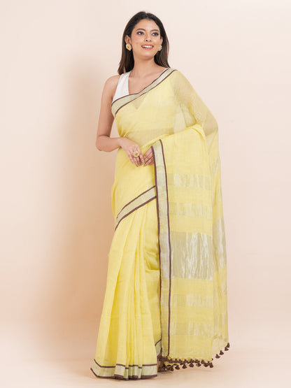 Saffron Kiss - Pure Linen Solid Saree With Contrast Border || Golden Ochre