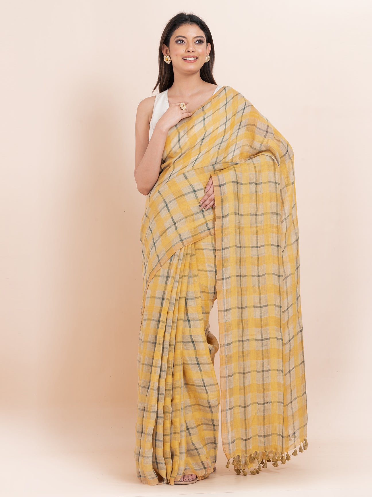 Caramel Bliss - Pure Linen Striped Saree  ||  Tan