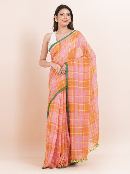 Citrus Dream - Pure Linen Striped Saree  || Tangerine