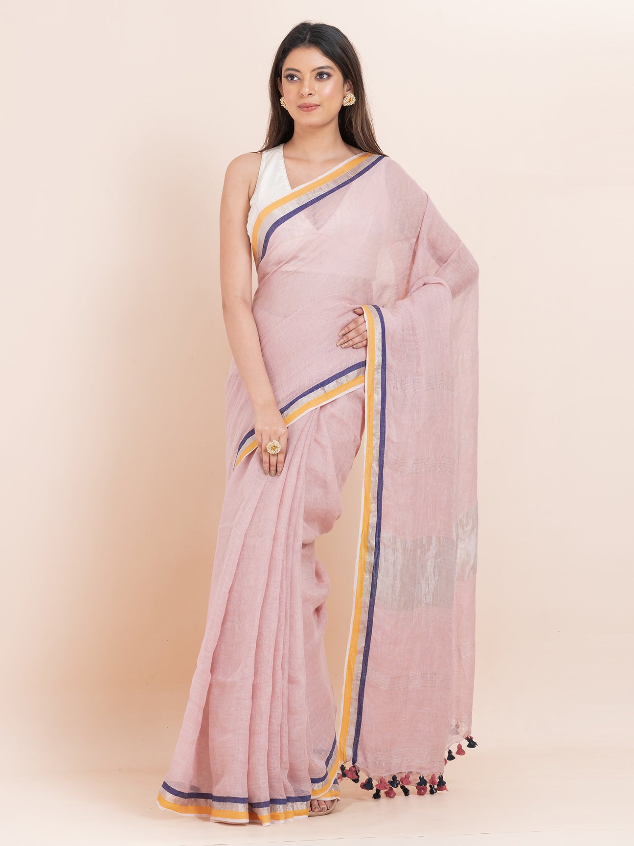 Rosy Bliss - Pure Linen Solid Saree WithContrast Border || Rose Pink