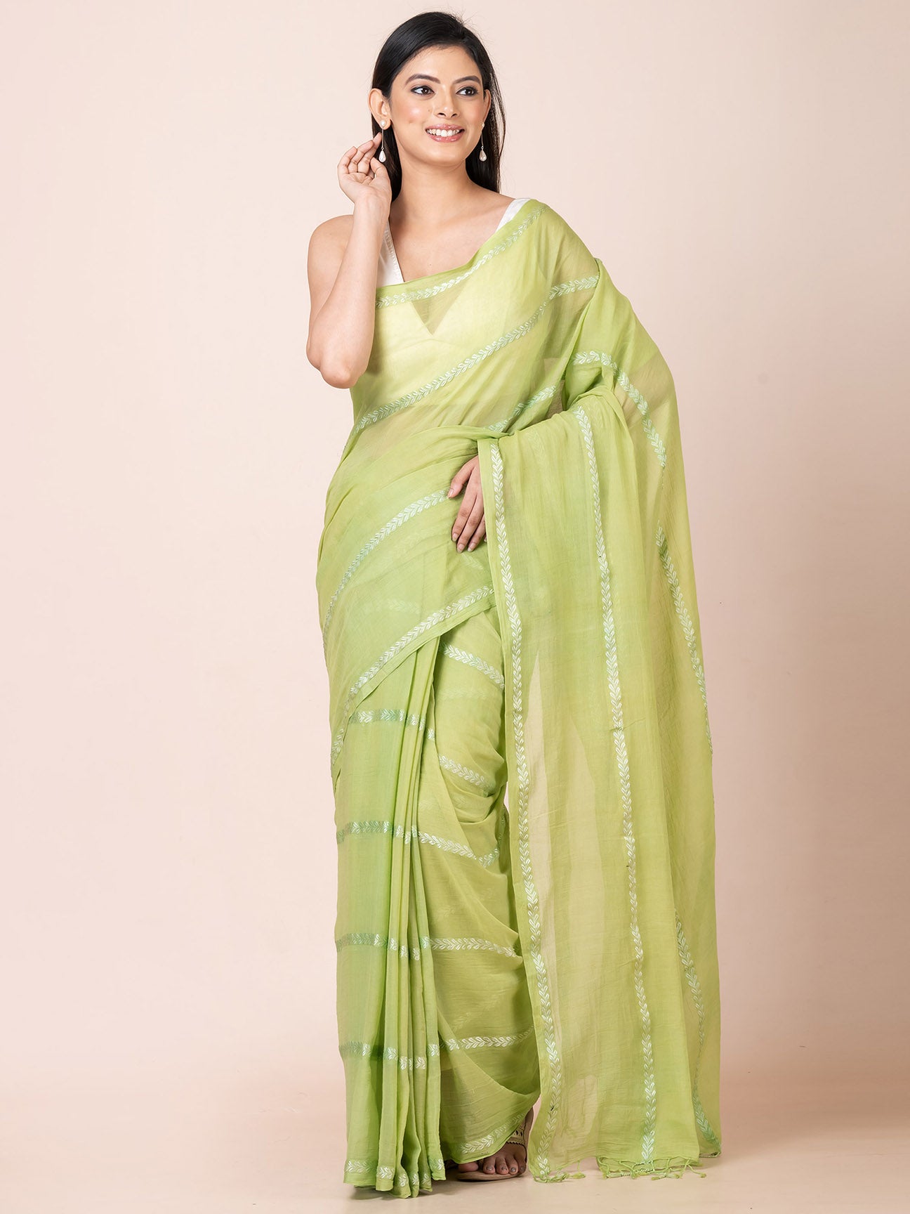 Pearl Pista - Pure Cotton Saree With Zari Stripes || Pista Green