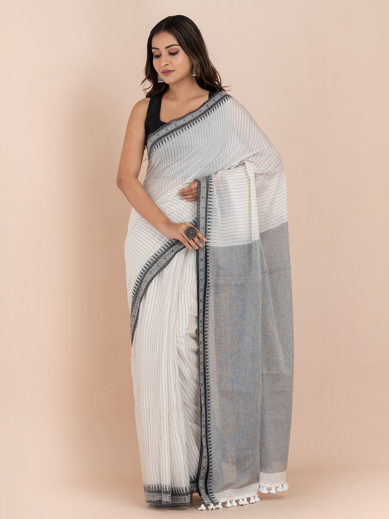 Shadow Stripes - Pure Cotton Striped Saree || Grey