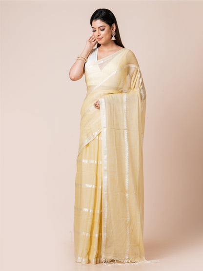 Mimosa Magic - Pure Cotton Saree With Zari Stripes || Pastel Yellow