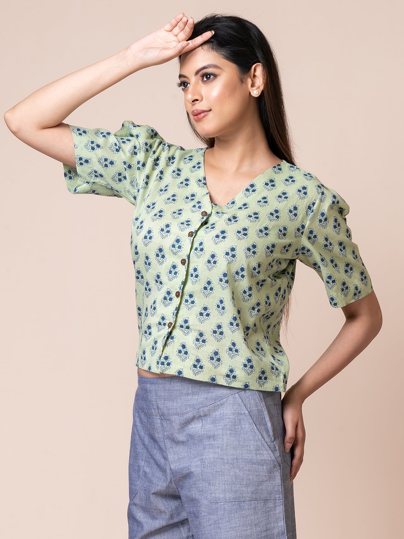 Green Star - OCAU Basic Self Designed Block Printed Cotton Button Down Top