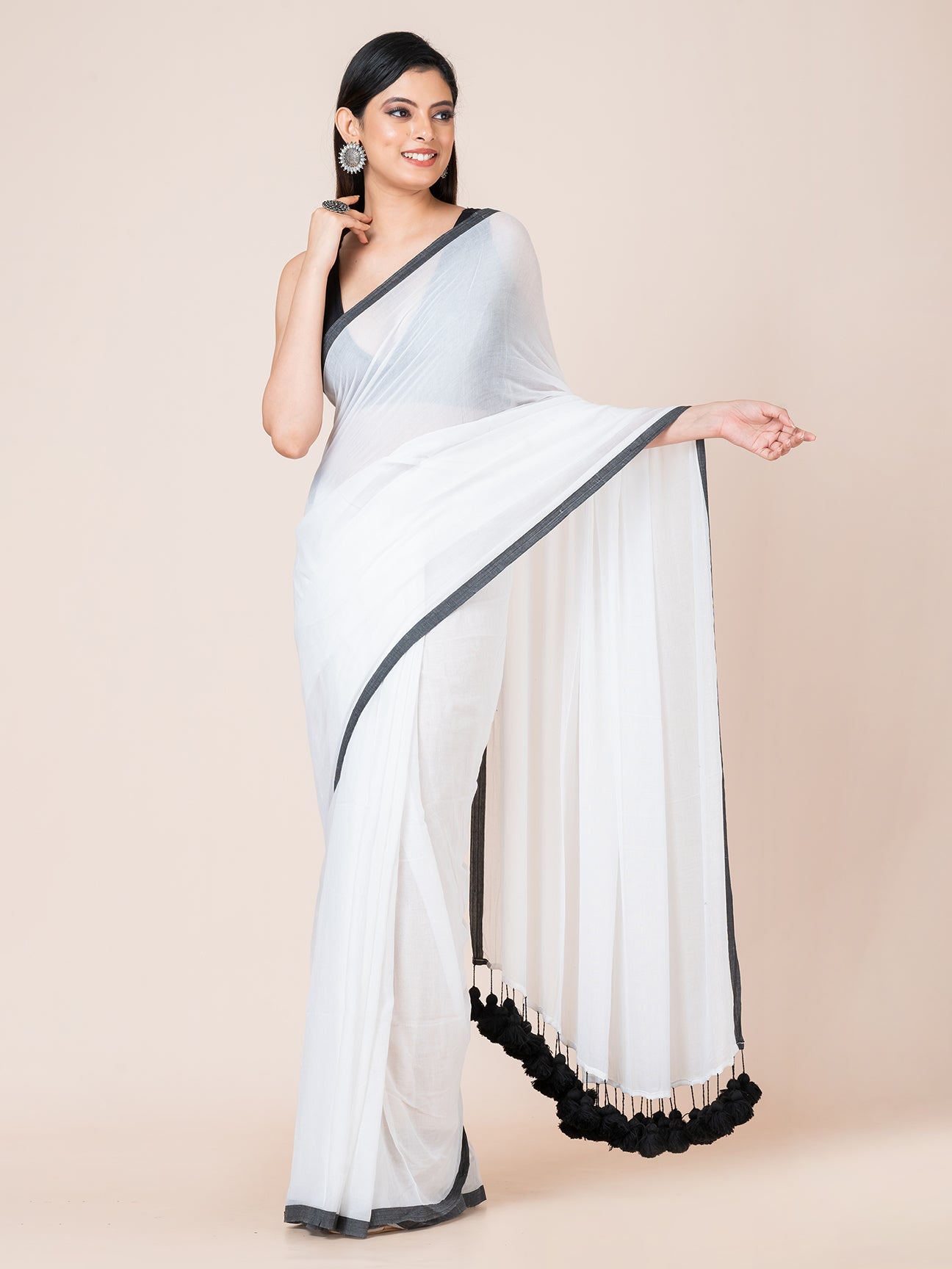 Peony - Pure cotton solid saree with contrast border and contrast tassels || White