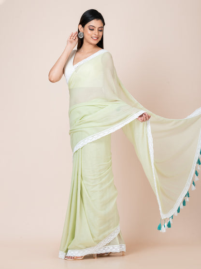 Mint Blossom - Pure cotton solid saree with lace border || Pistachio Green