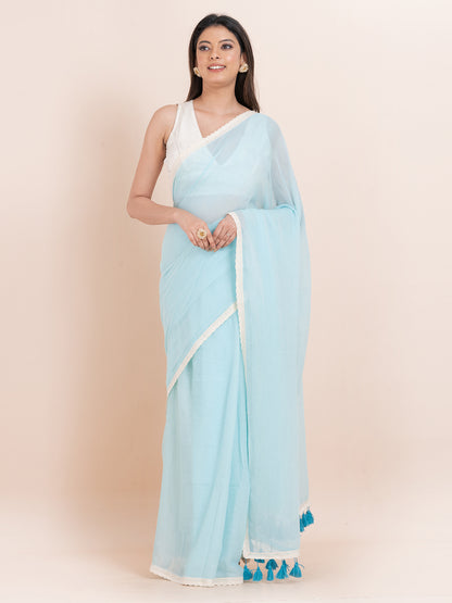 Cloud Kiss - Pure cotton solid saree with lace border || Sky Blue