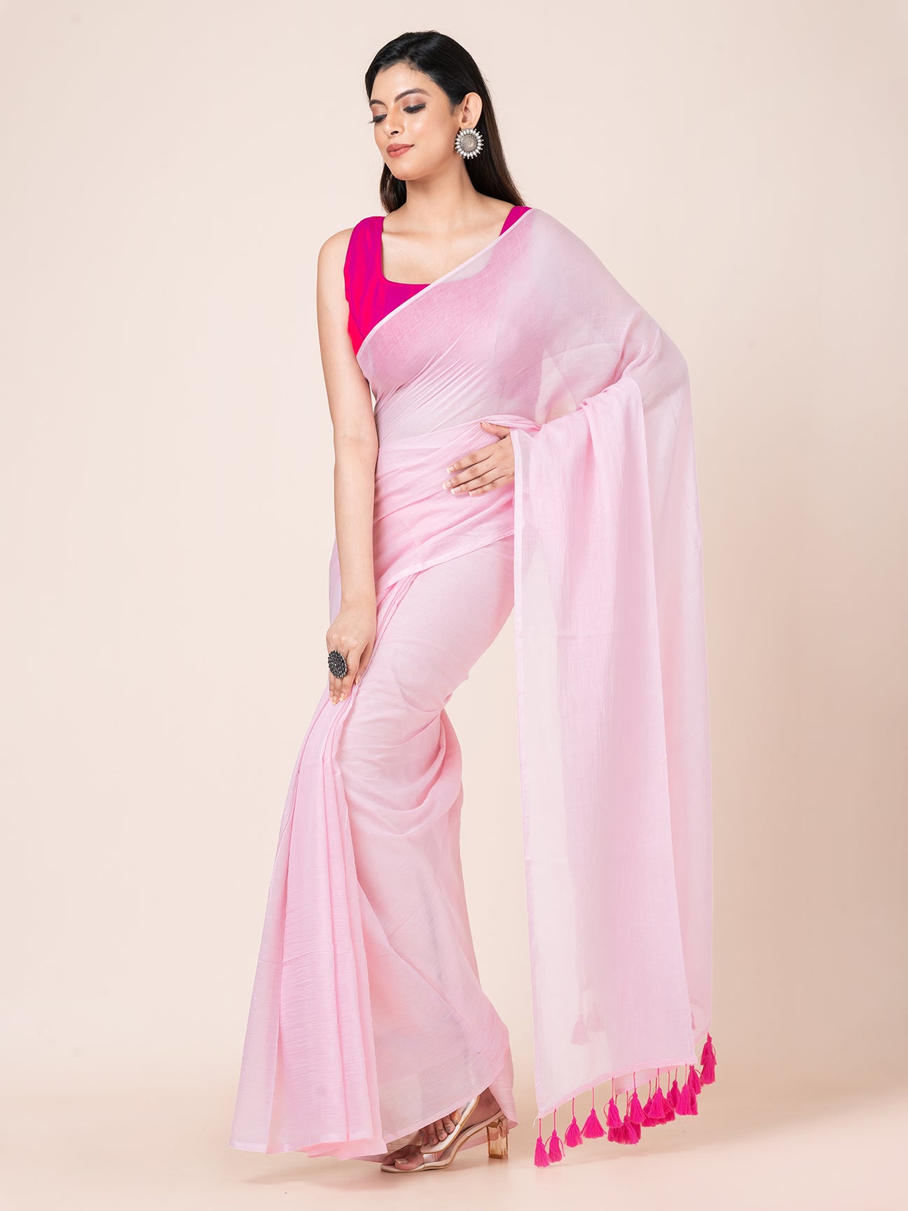 Bush Pink - Pure cotton solid saree with tassels || Pink