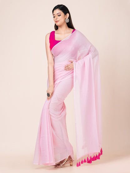 Bush Pink - Pure cotton solid saree with tassels || Pink