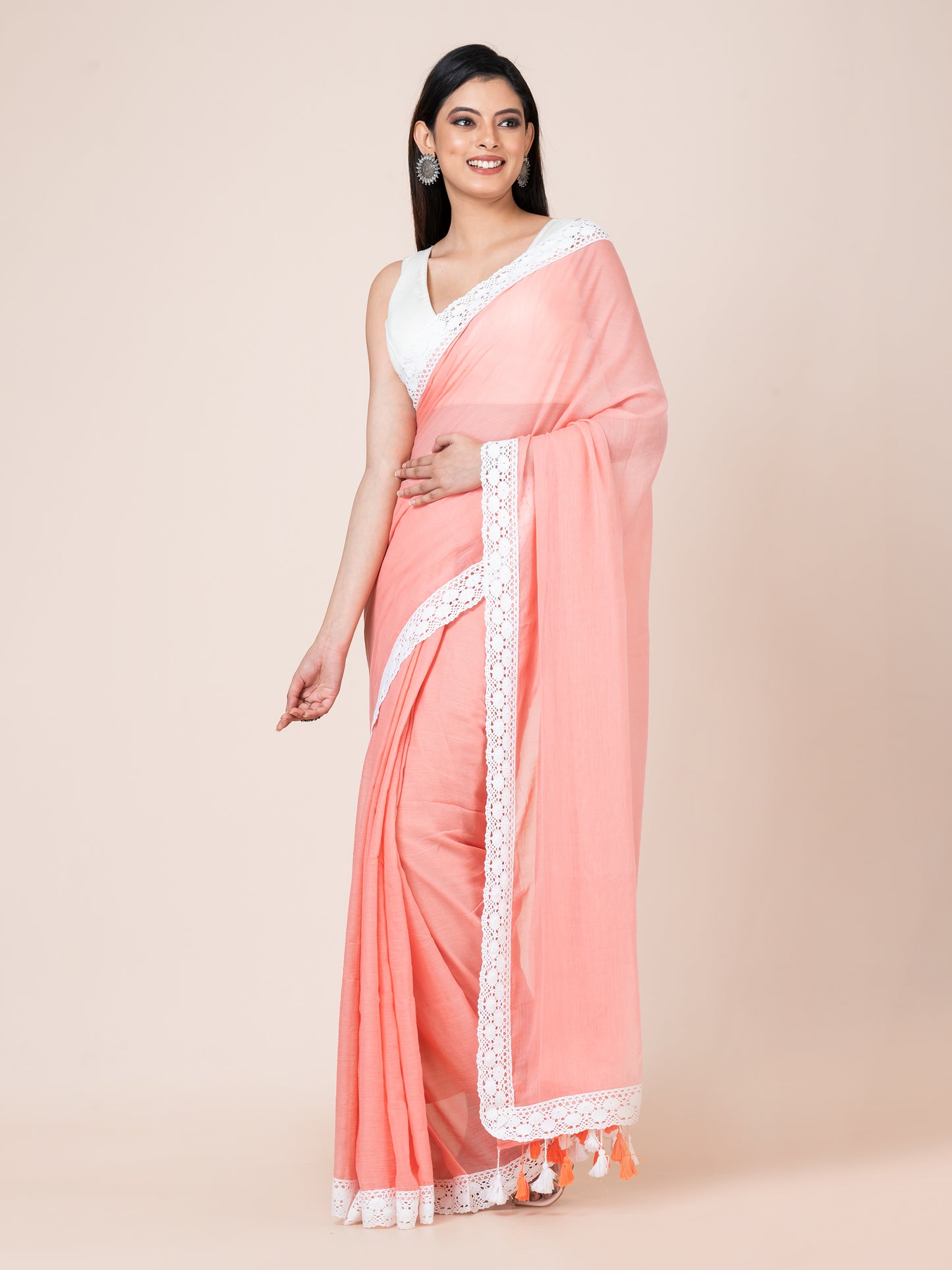 Amber Rose - Pure cotton solid saree with lace border || Coral