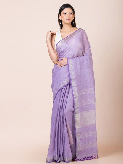 Blue Oasis - Pure Linen Solid Saree With Zari Border || Dusty Blue