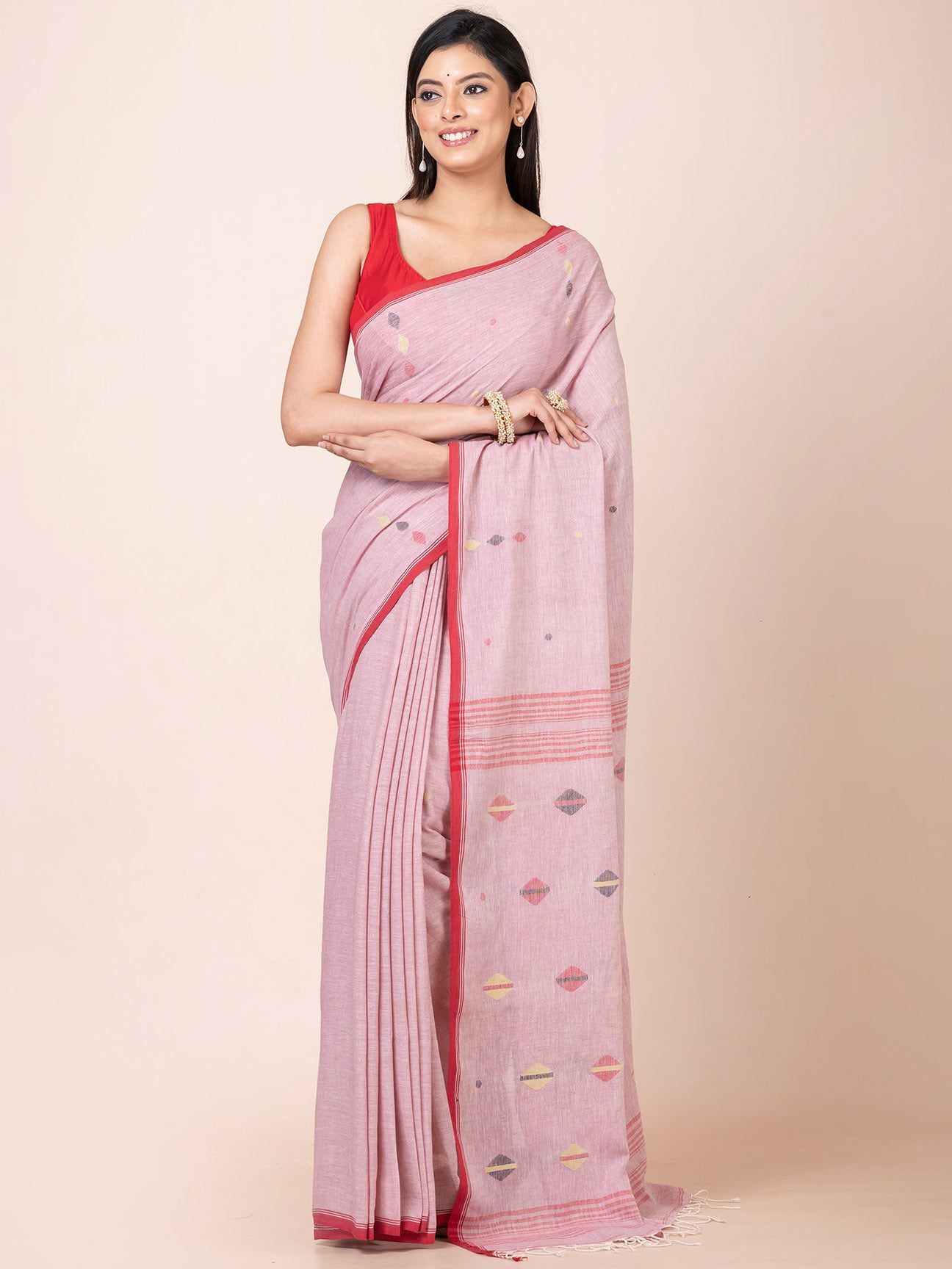 Gulabi Noor - Pure Cotton Saree With Jamdani Motifs || Pink