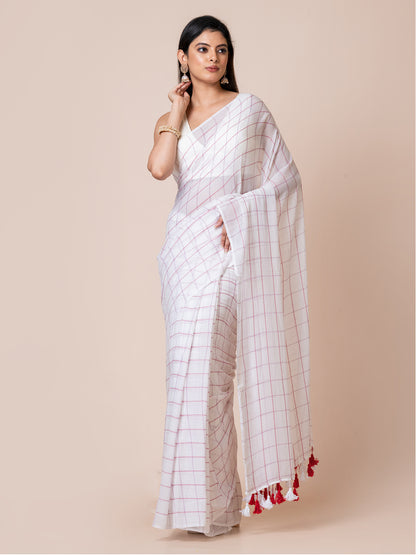 Ivory Dream - Pure Cotton Checkered Saree || White and Red