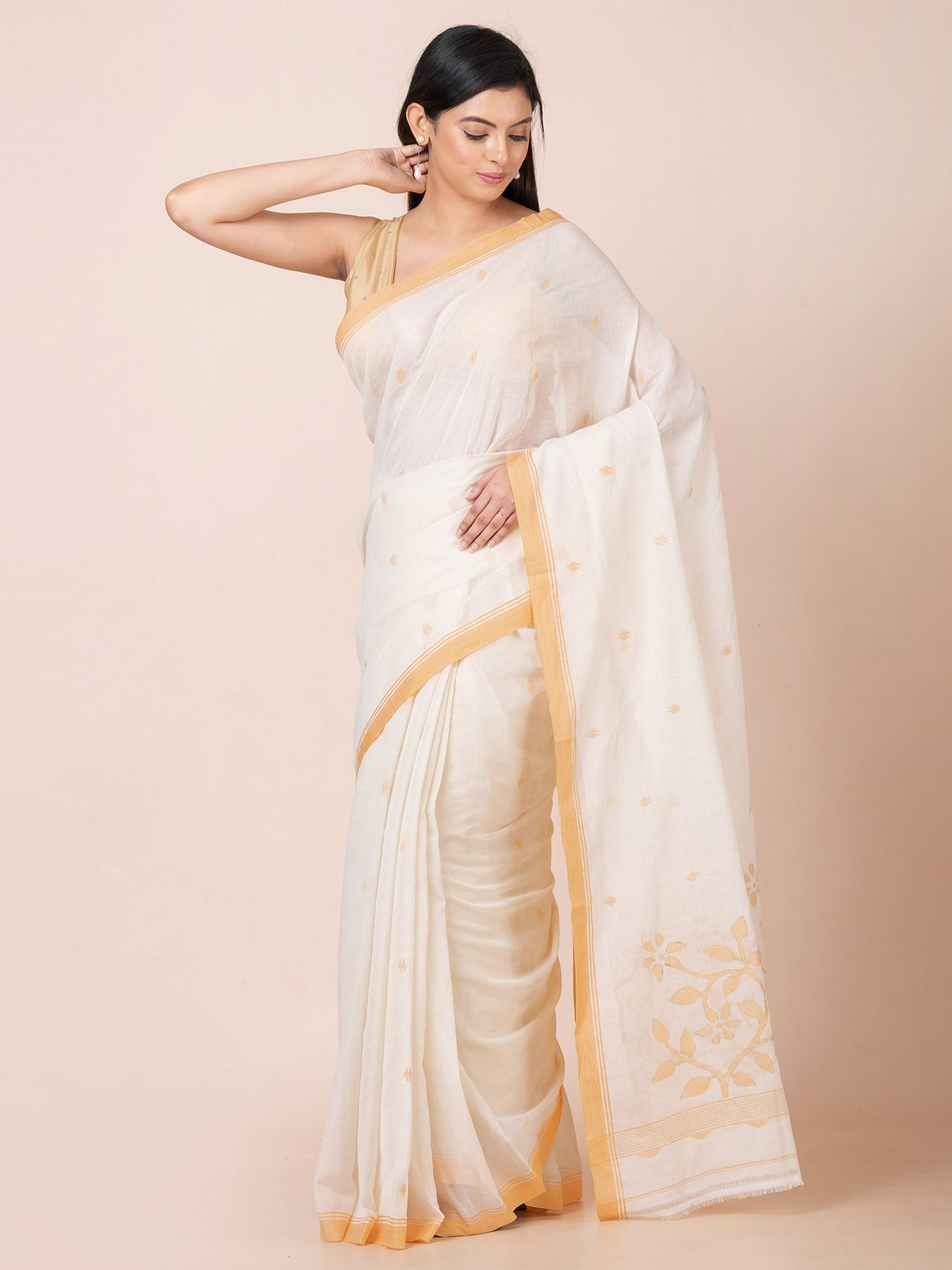 Vanilla Charm - Pure Cotton Saree With Jamdani Motifs || Off - white