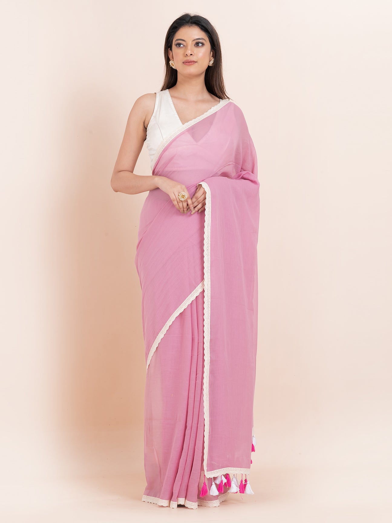 Blush Bloom - Pure cotton solid saree with lace border || Blush