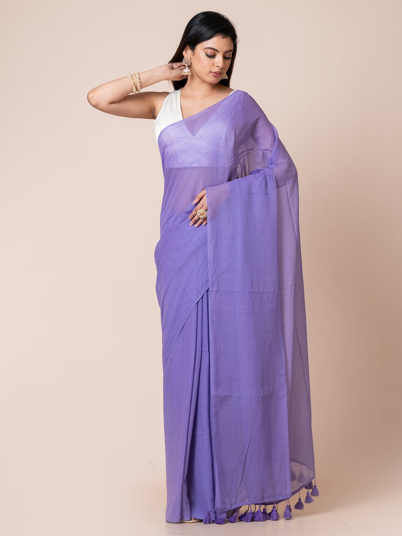 Bluebells - Pure cotton solid saree with  contrast tassels || Dusty Blue