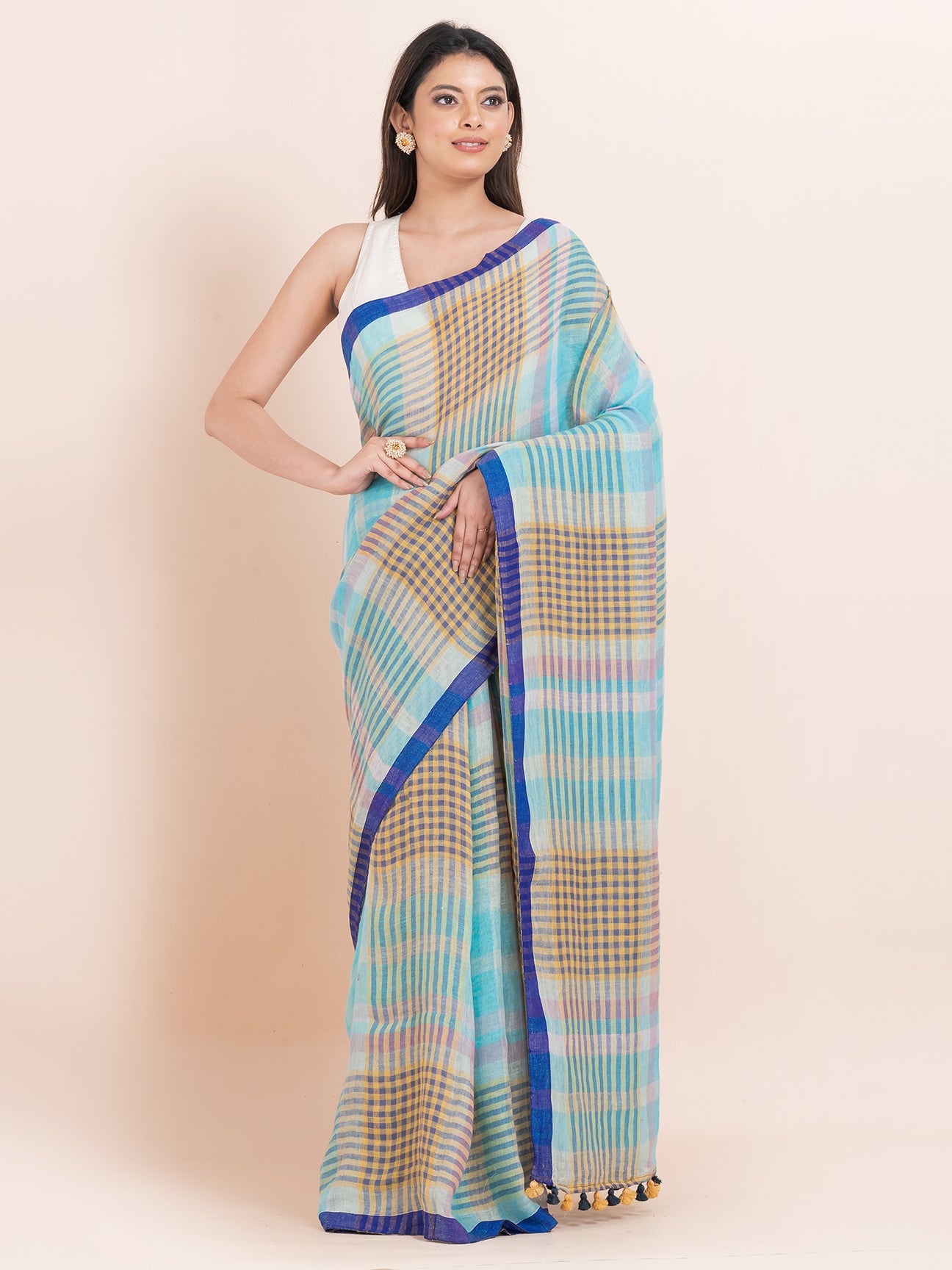 Cerulean Bliss - Pure Linen Striped Saree  || Navy