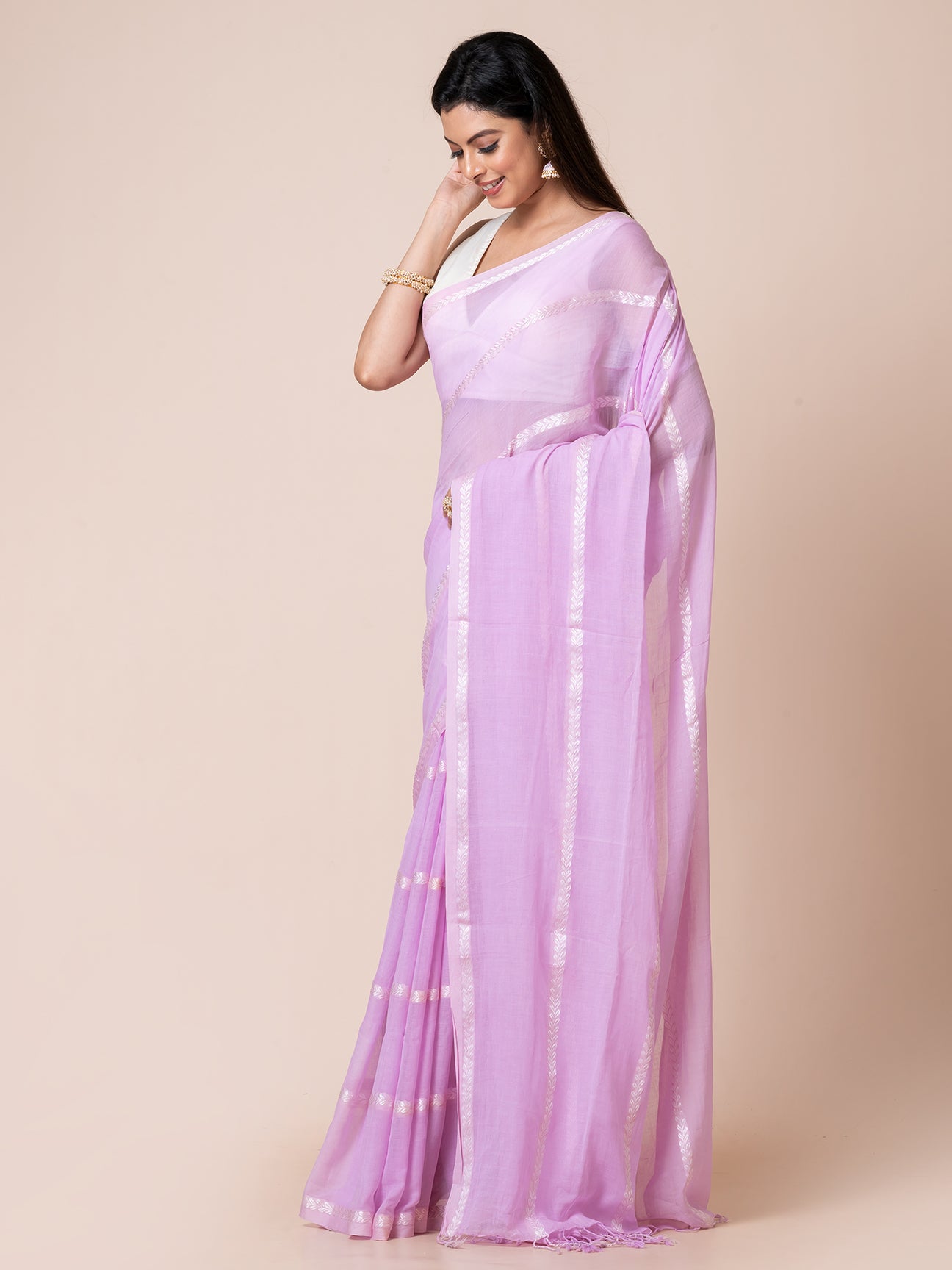 Lily - Pure Cotton Saree With Zari Stripes || Light Purple