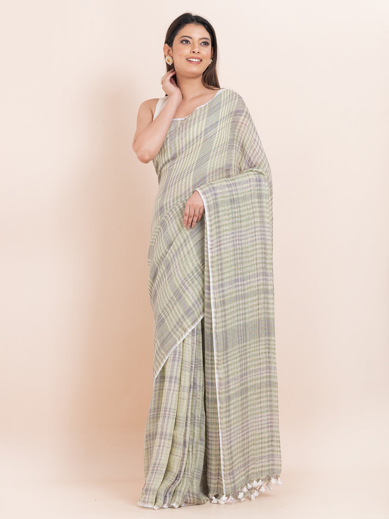 Silver Cascade - Pure Linen Striped Saree  || Grey