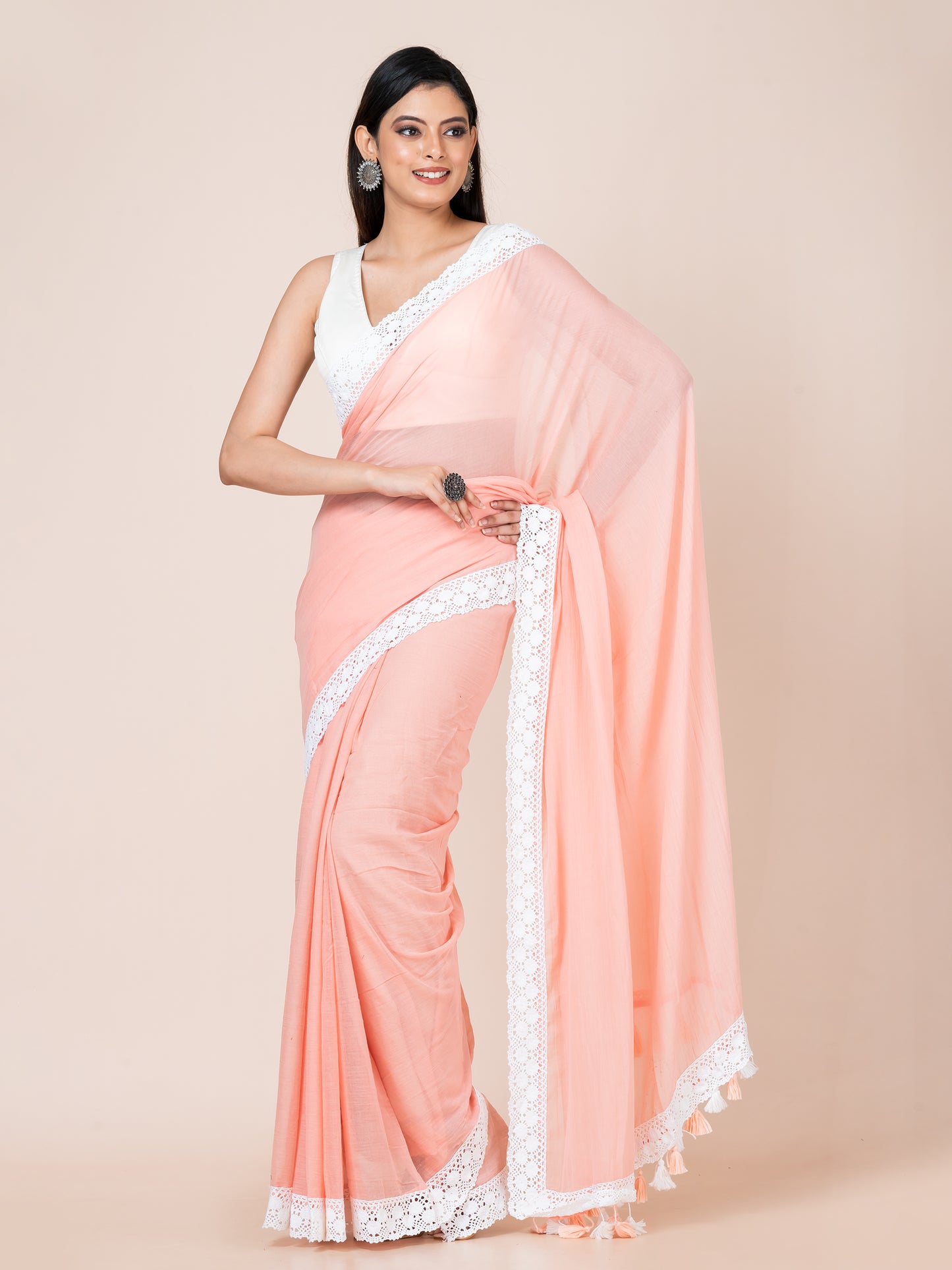 Peach Blossom - Pure cotton solid saree with lace border || Peach