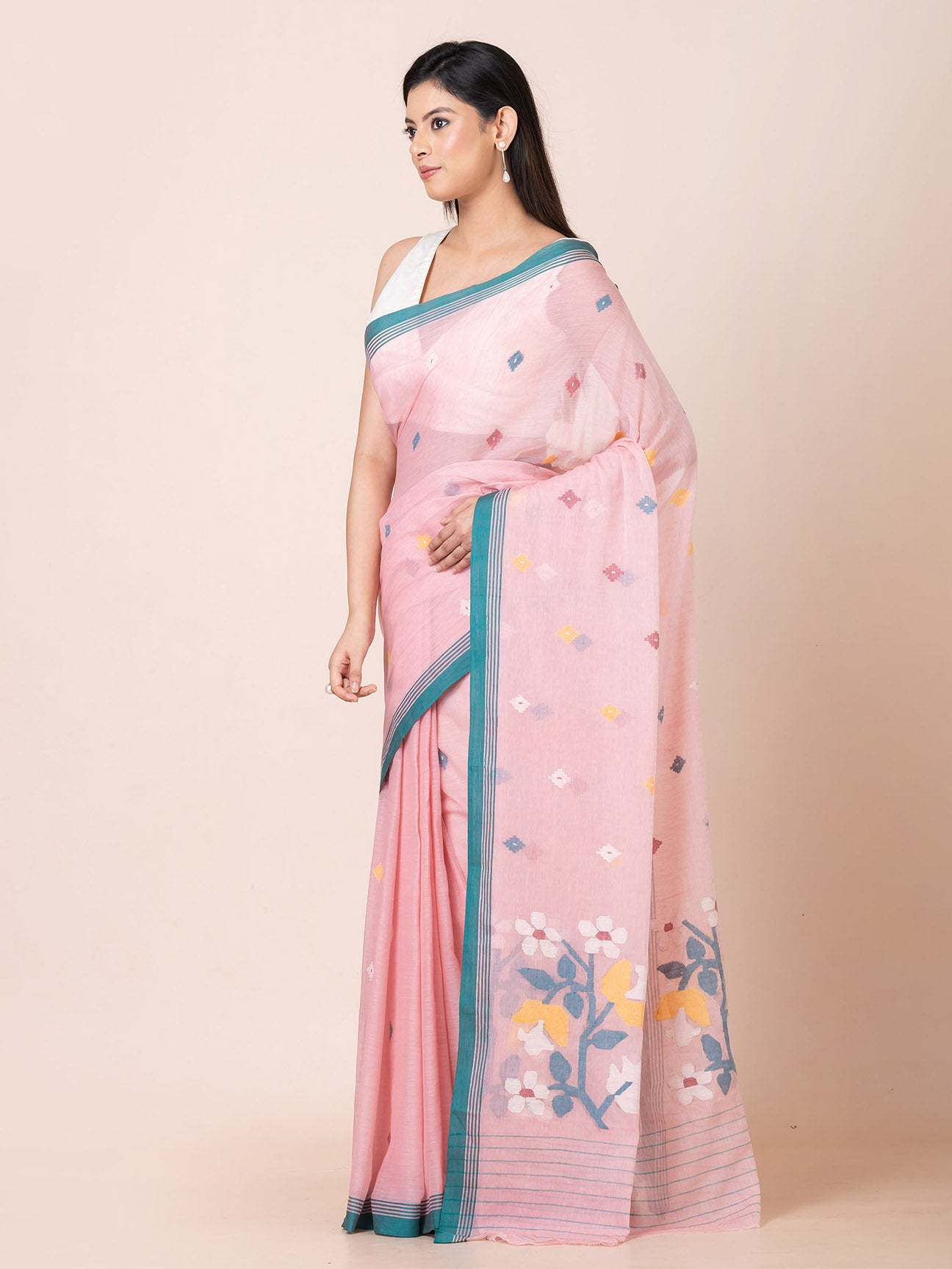 Rubi Mist - Pure Cotton Saree With Jamdani Motifs || Pink