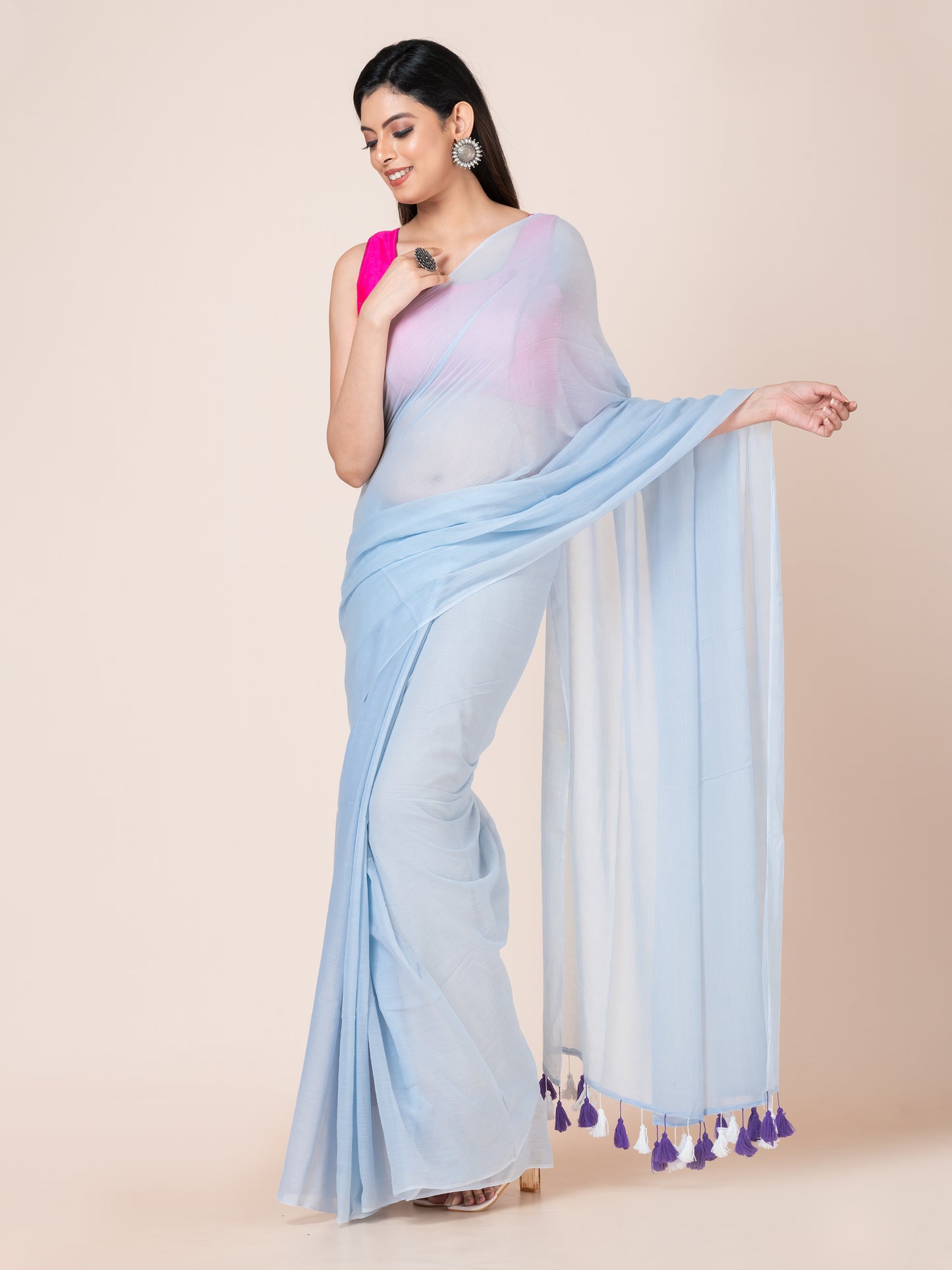 Iris - Pure cotton solid saree with tassels || Sky Blue