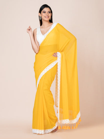 Daisy Delight - Pure cotton solid saree with lace border || Yellow