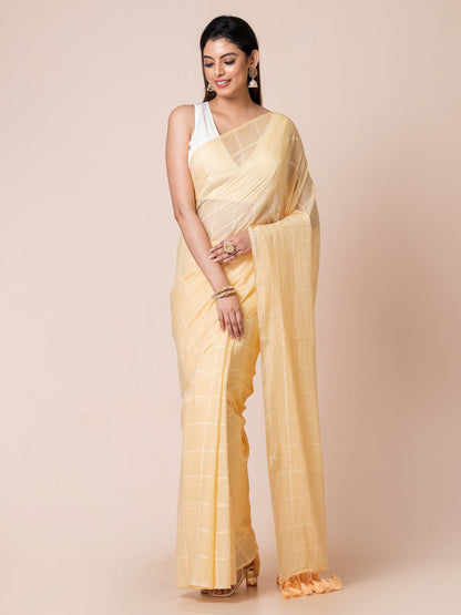 Marigold Magic - Pure Cotton Checkered Saree || Beige