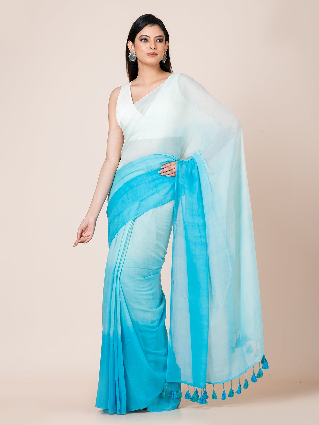 Blue Mirage - Pure cotton solid shaded saree with tassels || Sky Blue