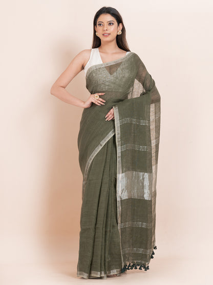 Forest Wishpers - Pure Linen Solid Saree With Contrast Border  || Avocado