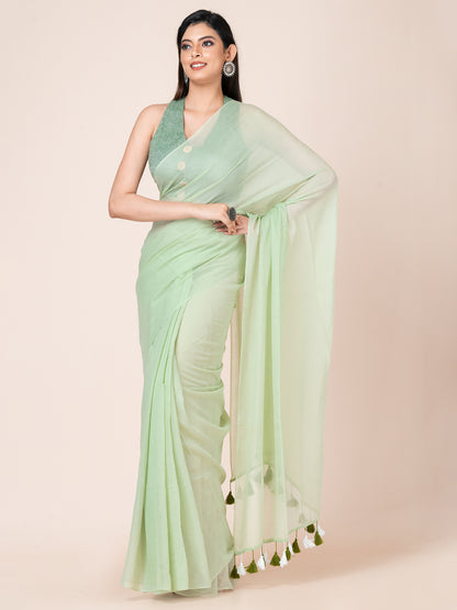 Pista - Pure cotton solid saree with tassels || Pistachio Green