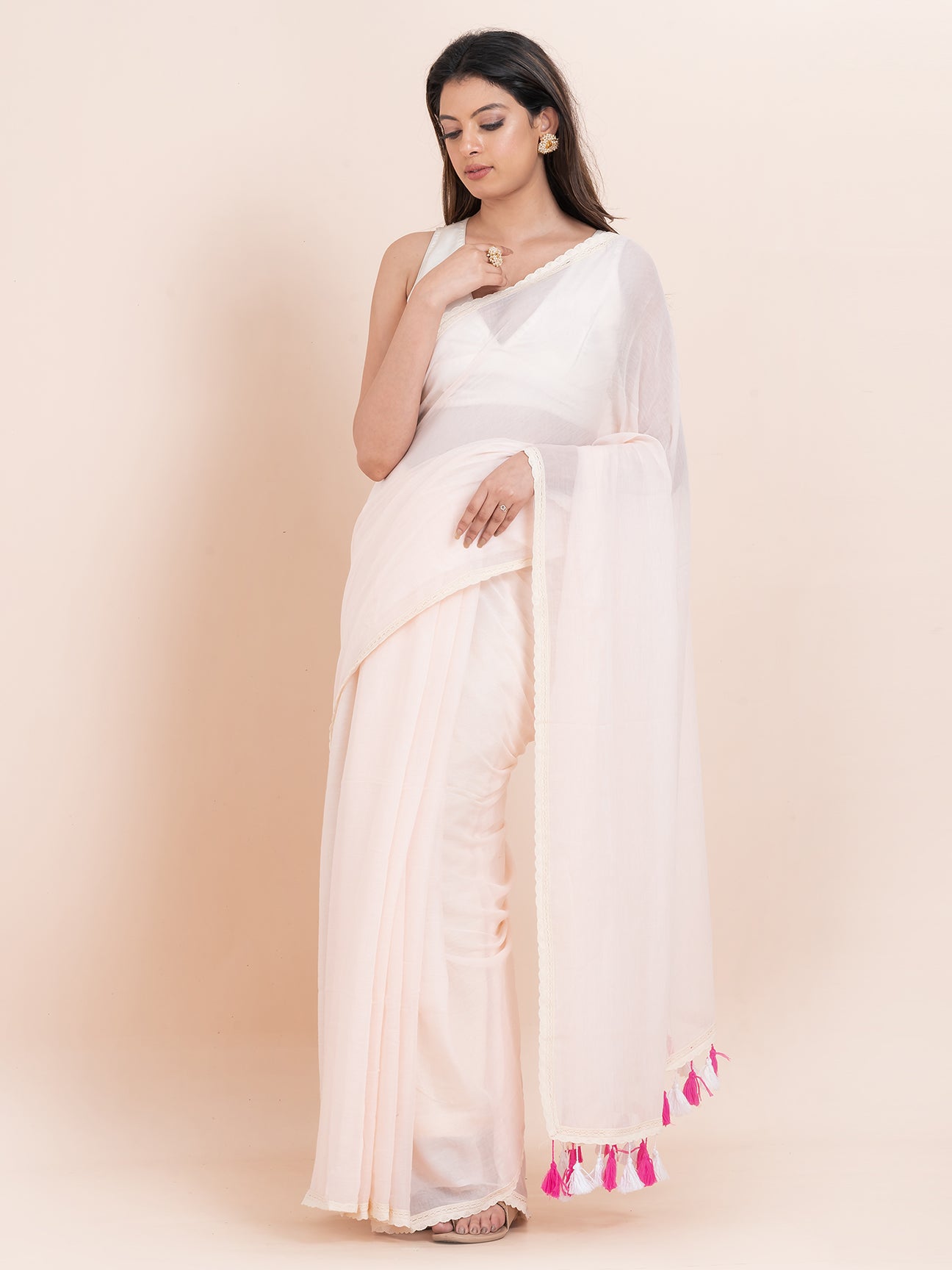 Ivory Bliss - Pure cotton solid saree with lace border || Ivory