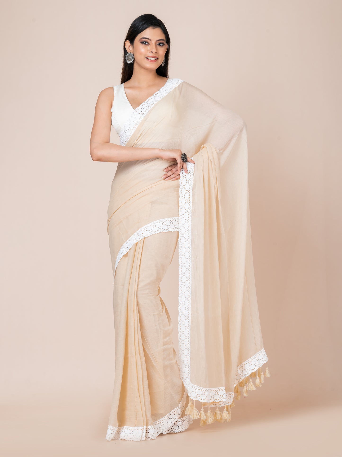 Latte Luxe - Pure cotton solid saree with lace border || Beige