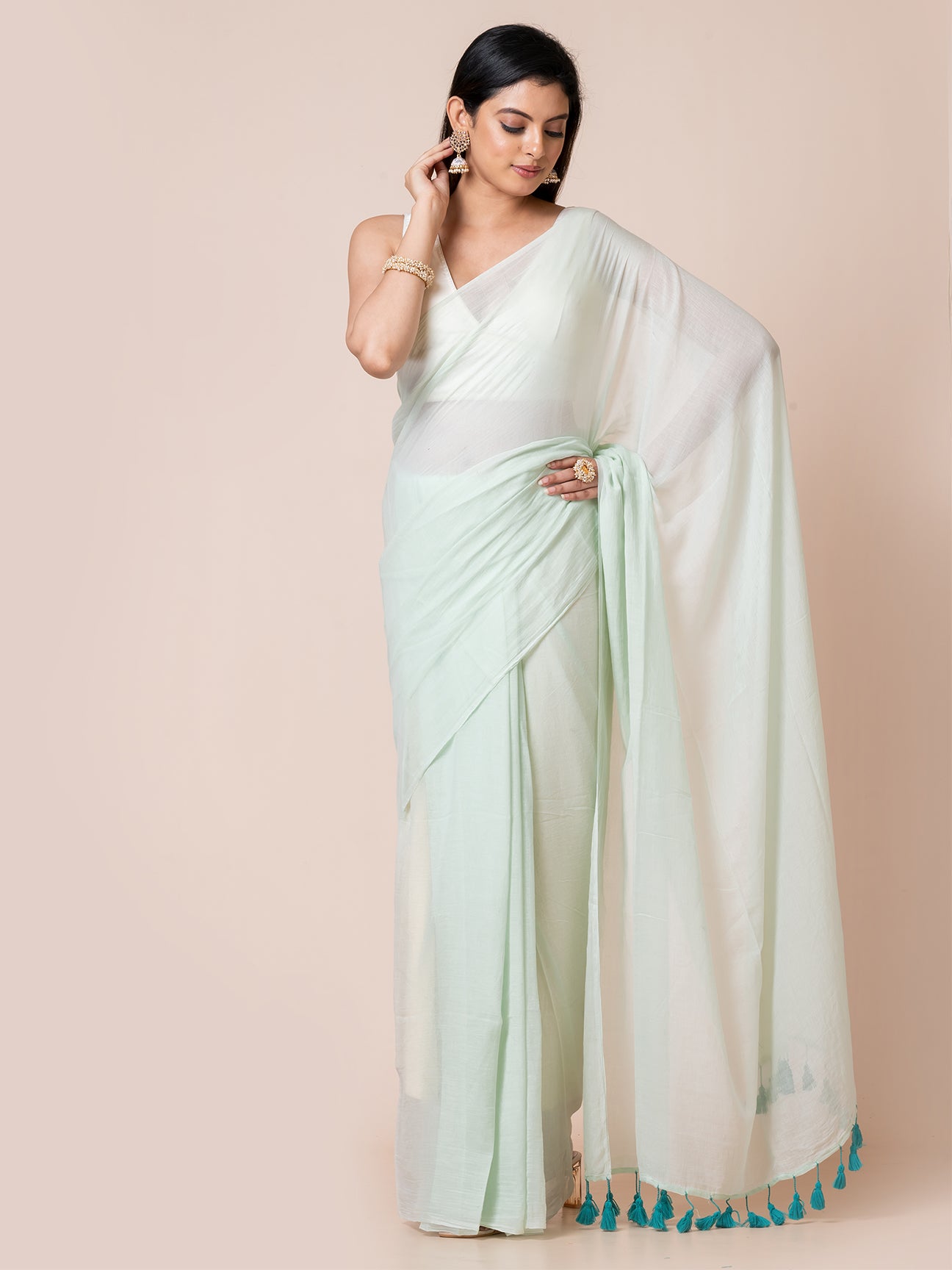 Hyacinth - Pure cotton solid saree with contrast tassels || Light Aqua