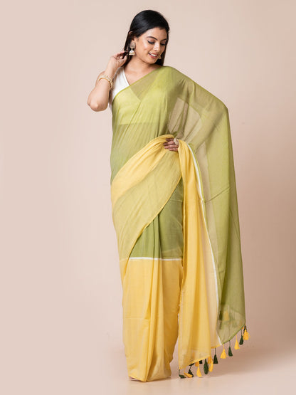 Lemon Charm - Pure cotton solid  saree with tassels ||  Yellow and Green
