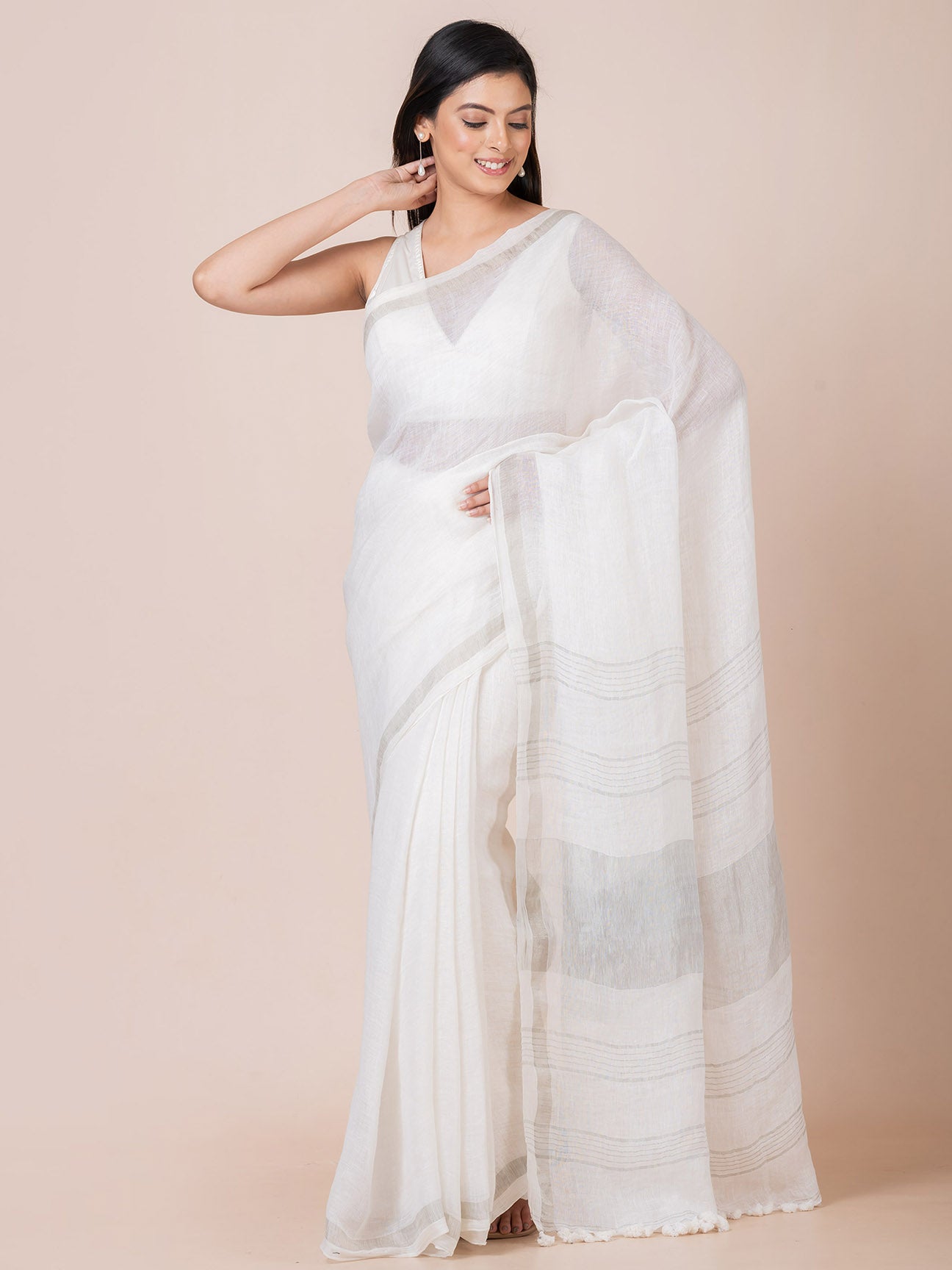 Ivory Breeze - Pure Linen Solid Saree With Zari Border || White