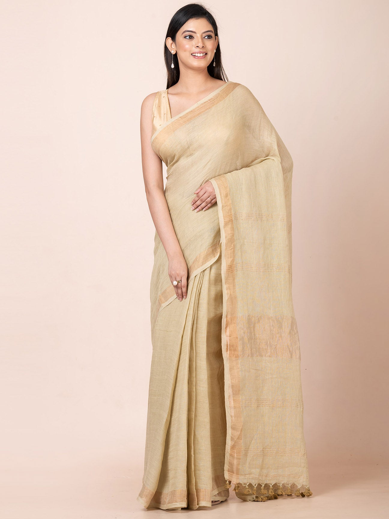 Desert Bloom - Pure Linen Solid Saree With Zari Border || Tan