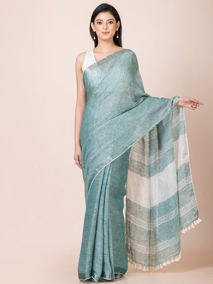 Ocean Mist - Pure Linen Solid Saree With Zari Border || Teal