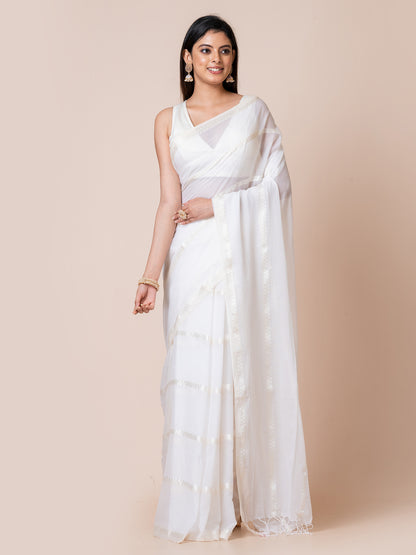 Snowdrop - Pure Cotton Saree With Zari Stripes || White