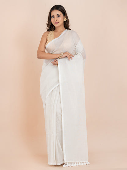 Snow Veil - Pure Cotton Striped Saree With Metallic Zari || White