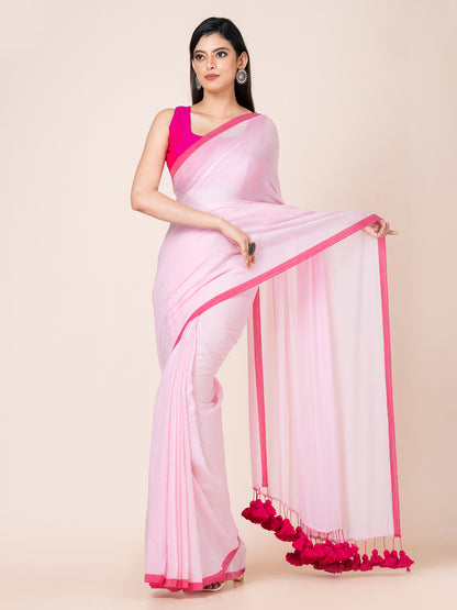 Rosa - Pure cotton solid saree with contrast border and contrast tassels || Pink