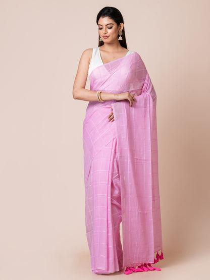 Berry Blush - Pure Cotton Checkered Saree || Pink