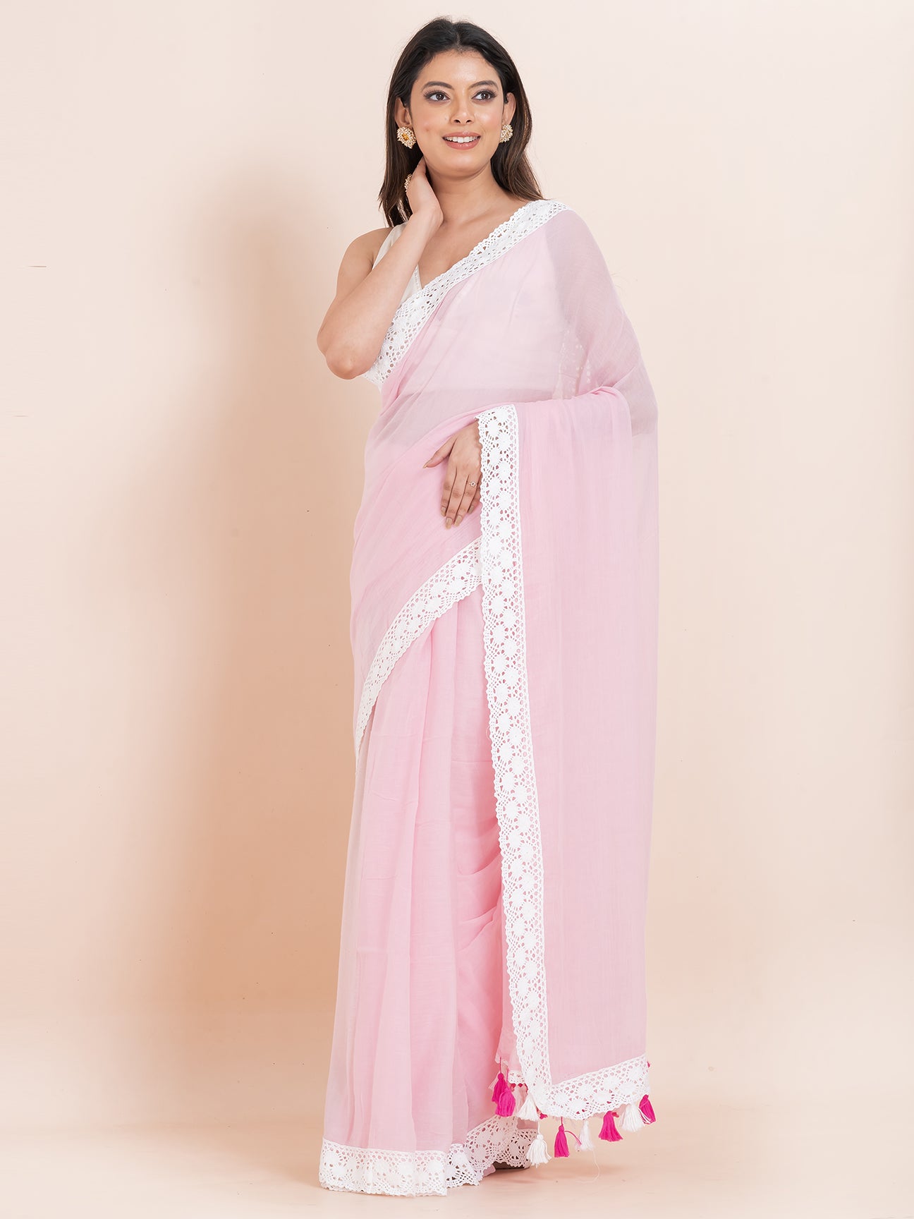 Gulabi Grace - Pure cotton solid saree with lace border || Bubblegum